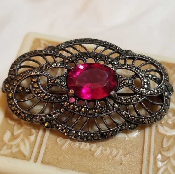 Vintage Jewelry - Art Deco 1930s Synthetic Ruby Marcasite Brooch Sterling Silver